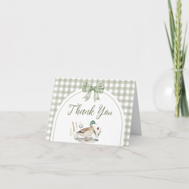 Carte De Remerciements en vichy Sage Green Mallard Duck Baby shower (Devant)