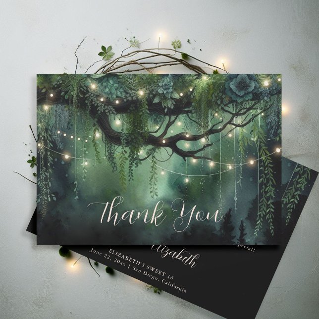 Carte De Remerciements Enchanted Forest Emerald Floral Fairy Sweet 16 (enchanted forest sweet 16 thank you card roses foliage woodland magical fairy tale)