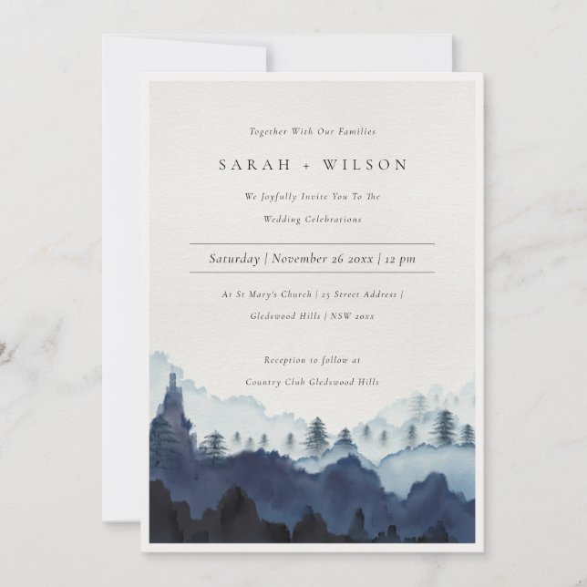 Carte De Remerciements Encre bleu marine Pine Woods Mountain Wedding Invi (Devant)