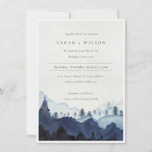 Carte De Remerciements Encre bleu marine Pine Woods Mountain Wedding Invi