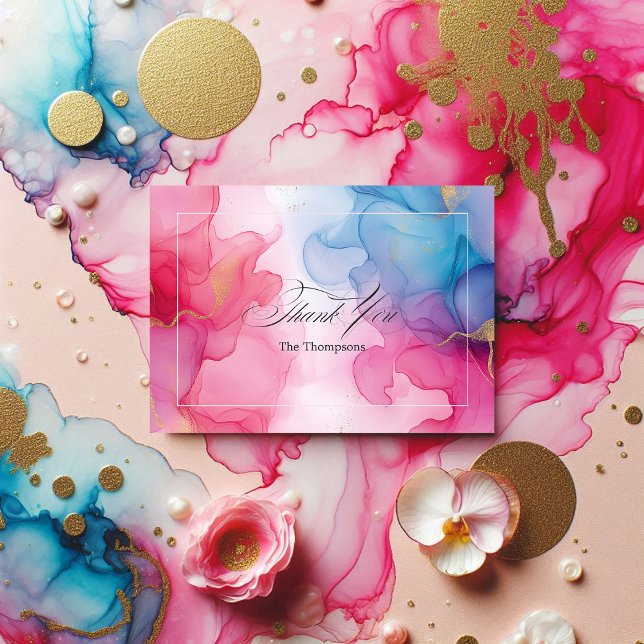 Carte De Remerciements Encre d'alcool rose et bleu avec accents or (Pink and Blue Alcohol Ink with Gold Accents Thank You Card)