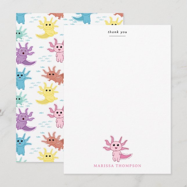 Carte De Remerciements Enfants Axolotl Mignons Salamandre Fille Enfant (Devant / Derrière)