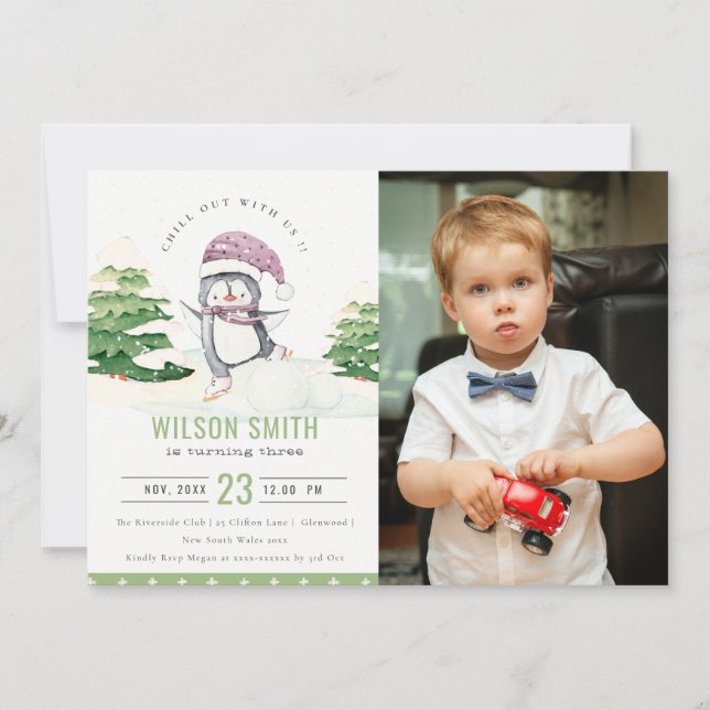 Carte De Remerciements Enfants en pingouin d'hiver photo N'importe quel â (Devant)