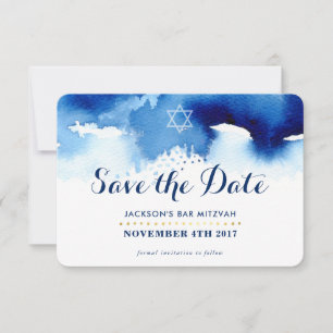 Carte De Remerciements ENREGISTRER LA DATE MITZVAH moderne étoile bleu aq