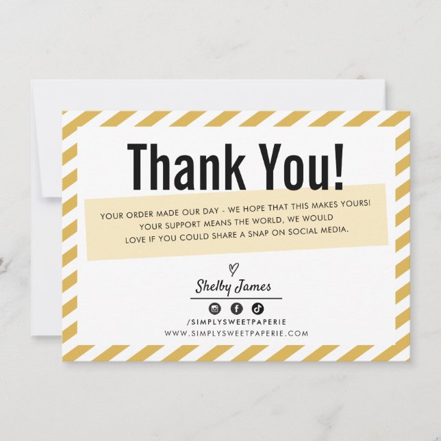 Carte De Remerciements ENTREPRISE INSERT moderne minimum strié jaune or (Devant)