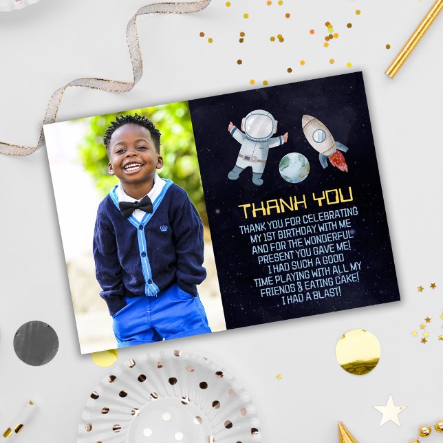 Carte De Remerciements Espace 1er Anniversaire Premier Voyage Autour Du S (Space 1st Birthday Party First Trip Around The Sun Thank You Card)