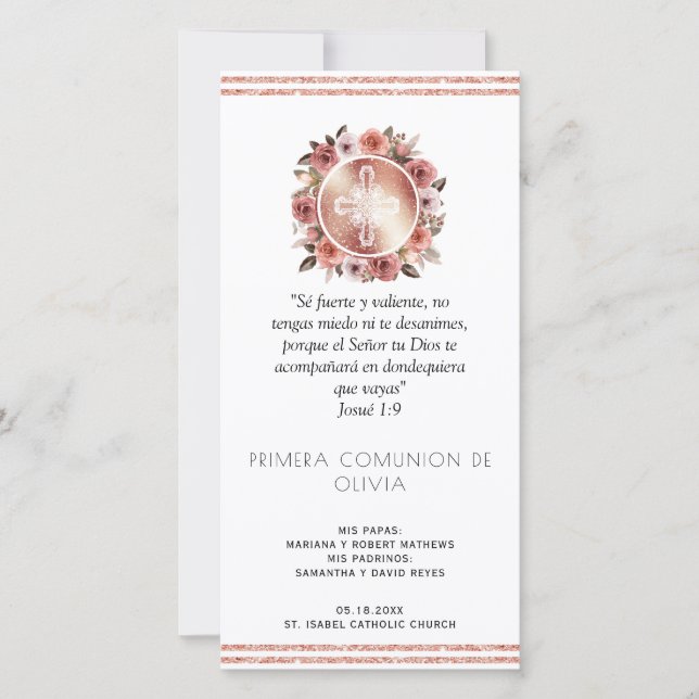 Carte De Remerciements Espagnol, Rose Gold First Communion Signet Favoris (Devant)