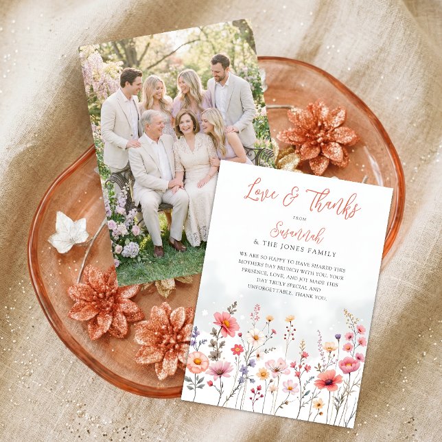 Carte De Remerciements Ethereal Dreamy Wildflowers Coral Script Photo (Dreamy Love and Thanks Wildflowers Photo Mothers Day Brunch Thank You Card.)