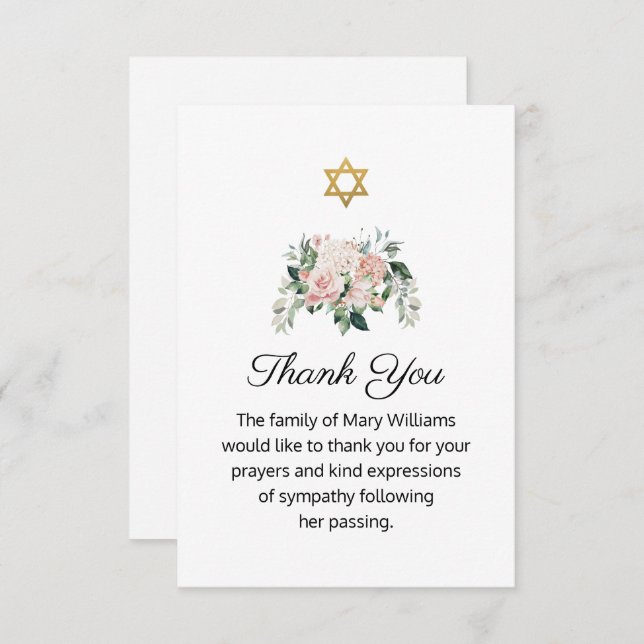 Carte De Remerciements Étoile de David Floral Funérailles (Devant / Derrière)