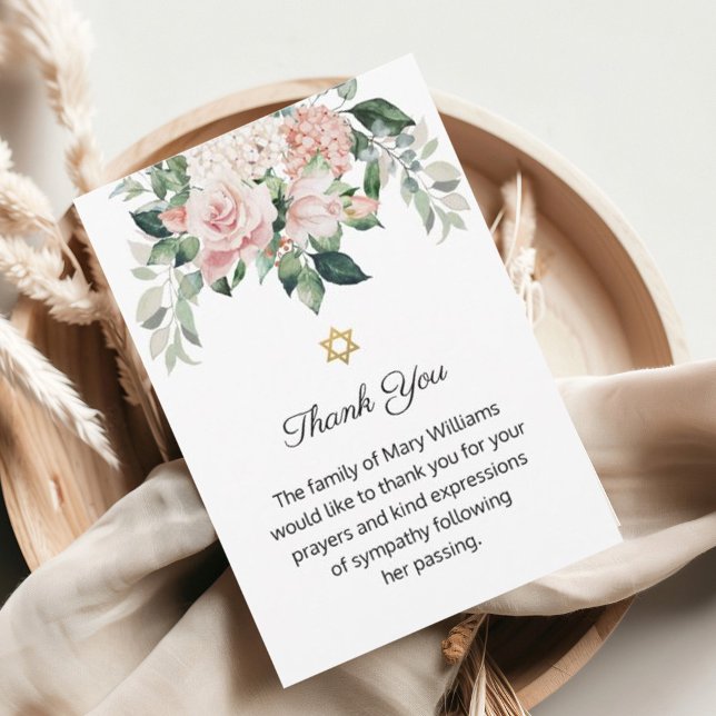 Carte De Remerciements Étoile de David Juif Rose Floral Funérailles (Créateur téléchargé)