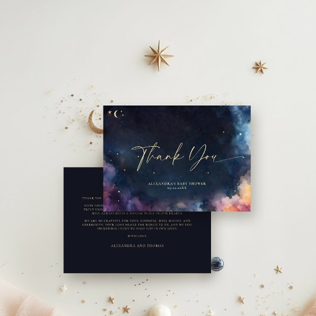 Carte De Remerciements Étoiles cadeau céleste Galaxie cosmique Minuit Ble (celestial baby shower thank you twinkle star moon cosmos galaxy dark navy blue gold foil invite)