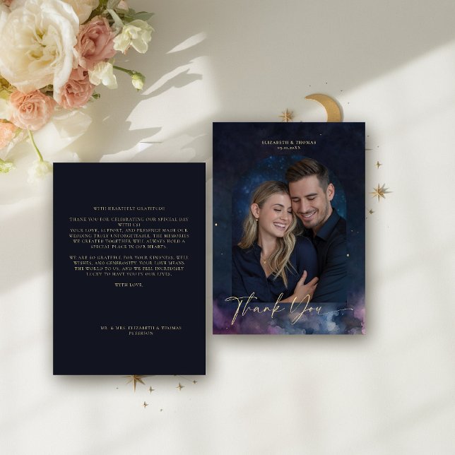 Carte De Remerciements Étoiles cadeau céleste Galaxie cosmique Photo bleu (celestial thank you photo card watercolor starry night sky galaxy universe cosmic navy blue gold)