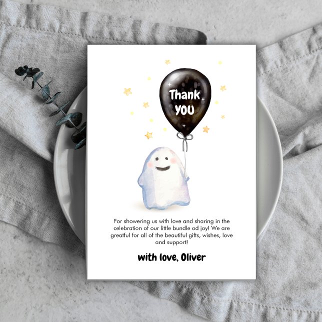 Carte De Remerciements Étoiles Whimsical Petit Boo Baby shower Balloon (Stars Whimsical Little Boo Balloon Baby Shower Thank You Card)