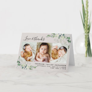 Carte De Remerciements Eucalyptus Beige Photo Bébé Statistiques de naissa