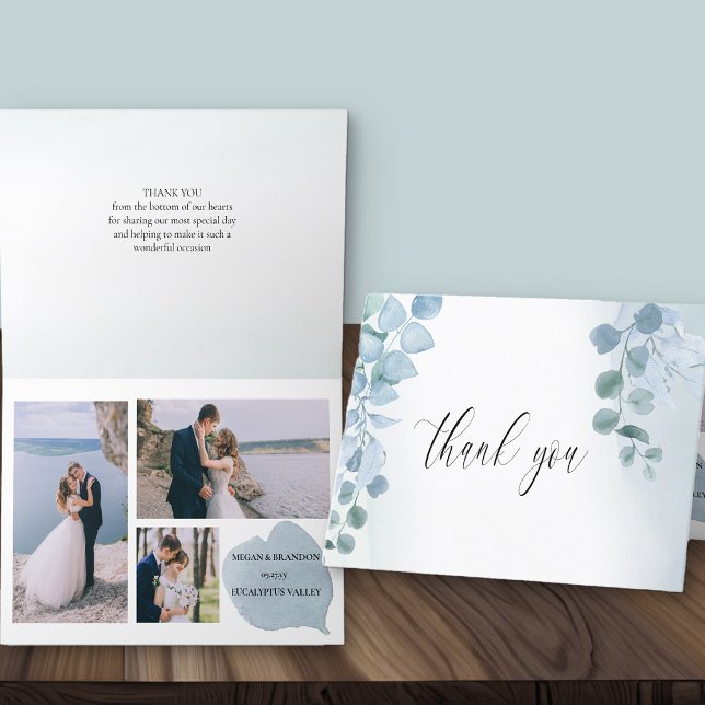 Carte De Remerciements Eucalyptus Elegant 3 Mariage photo (Thank you card with 3 wedding photos from Dusty Eucalyptus wedding collection)