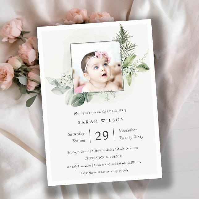 Carte De Remerciements Eucalyptus Fern Foliage Photo Christening Invitati (Créateur téléchargé)