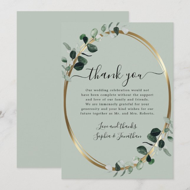 Carte De Remerciements Eucalyptus Gold Elegant Script Sage Mariage vert (Devant / Derrière)