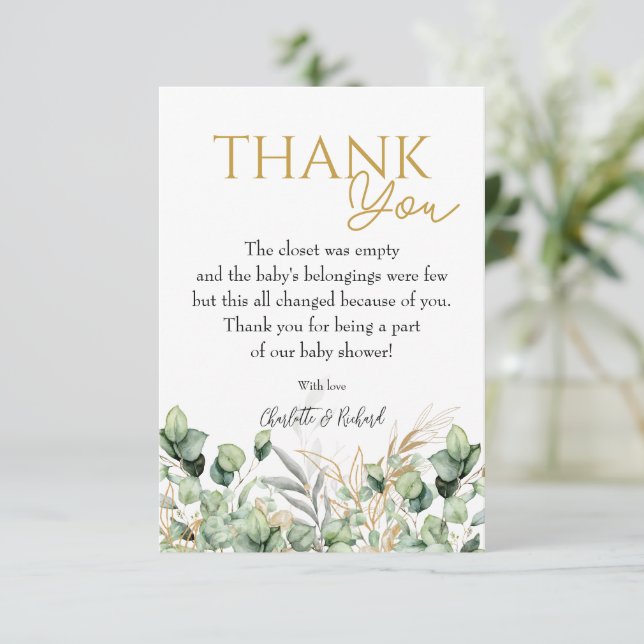 Carte De Remerciements Eucalyptus Green Leaf vert & Baby shower or (Debout devant)