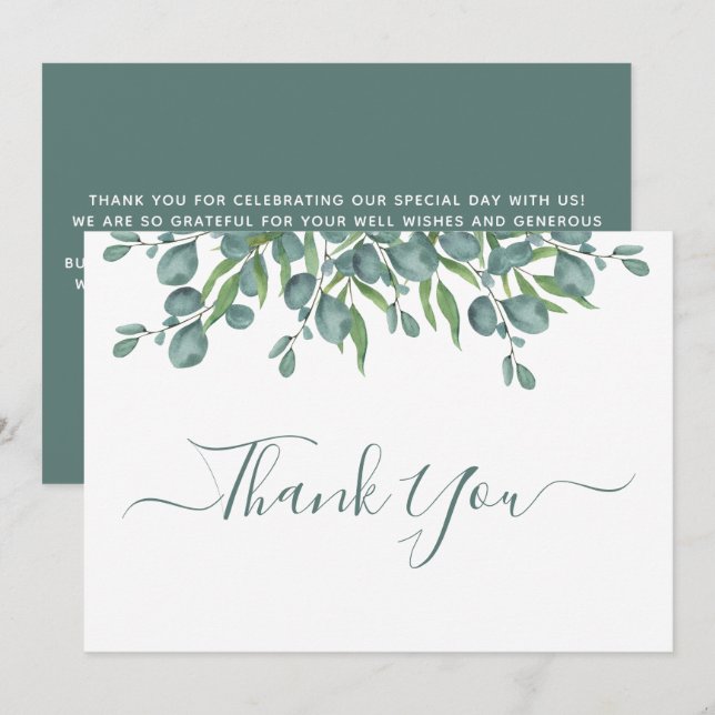 Carte De Remerciements Eucalyptus Green Mariage de script Sage moderne (Devant / Derrière)