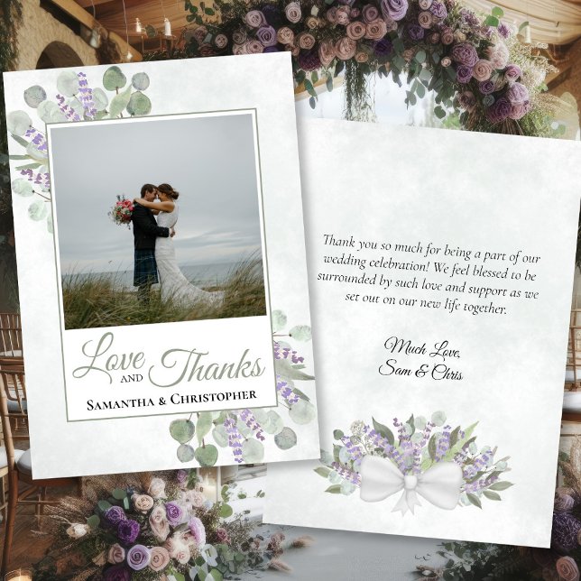Carte De Remerciements Eucalyptus Lavender Love Thanks Photo Note Mariage (Front/Back)