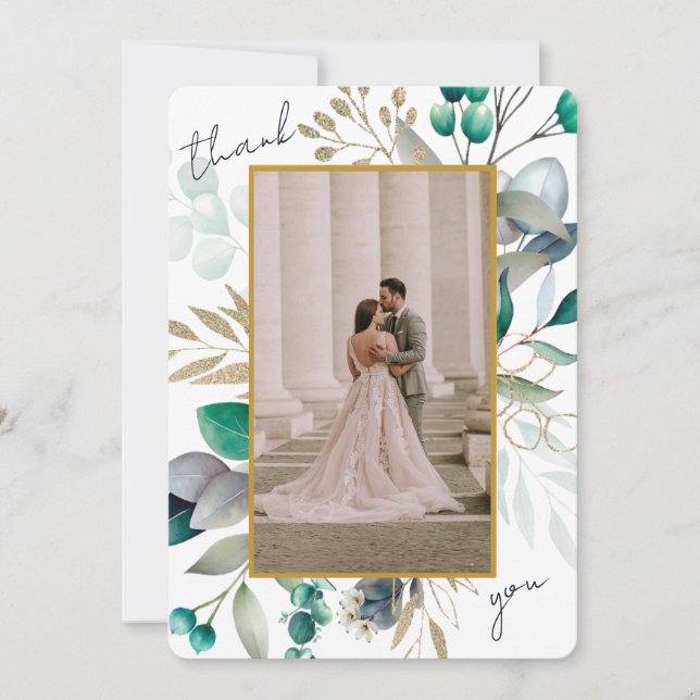 Carte De Remerciements Eucalyptus Leaves & Gold Frame Watercolor Wedding (Devant)