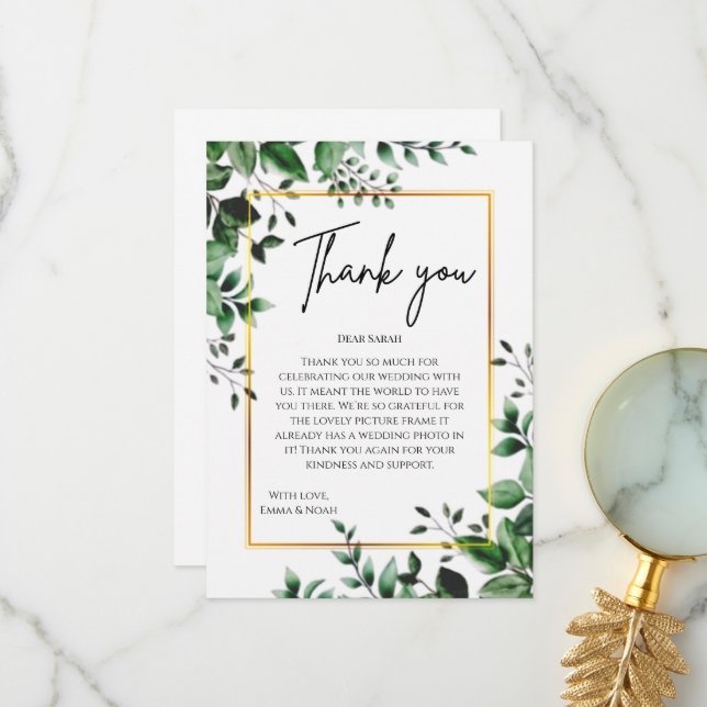 Carte De Remerciements Eucalyptus Leaves Gold Frame Wedding Thank You (Devant/Arrière en situation)