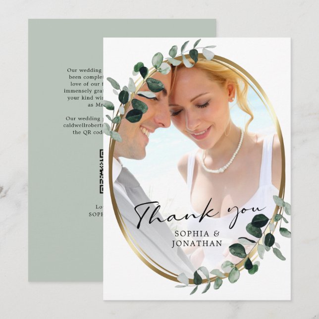 Carte De Remerciements Eucalyptus Moderne Calligraphie QR Code Mariage qu (Devant / Derrière)