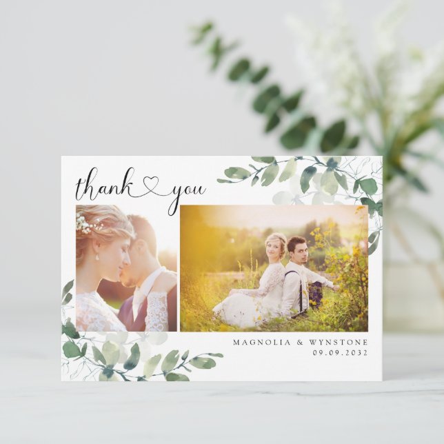 Carte De Remerciements Eucalyptus Photo Heart Mariage moderne (Debout devant)
