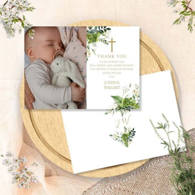 Carte De Remerciements Eucalyptus Verdure Photo Baptême Christening (Eucalyptus Greenery Photo Baptism Christening Thank You Card)