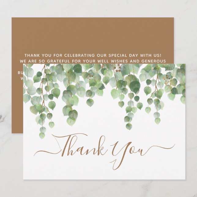 Carte De Remerciements Eucalyptus vert Aquarelle Mariage de script d'or (Devant / Derrière)