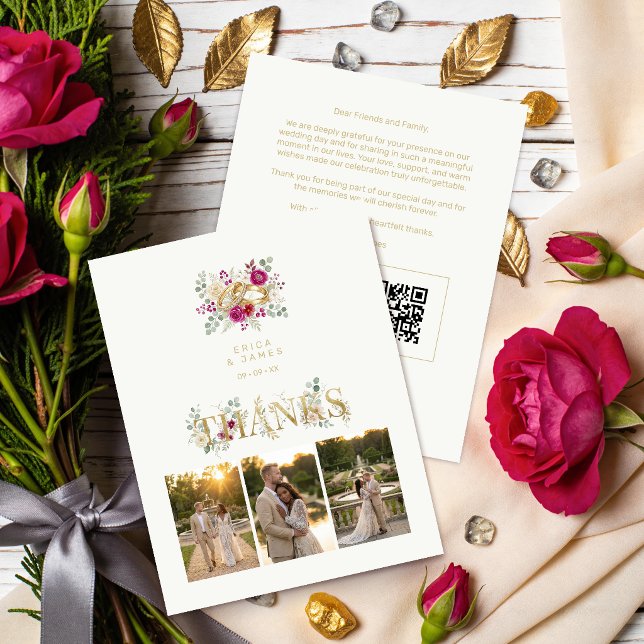 Carte De Remerciements Exquisite Wedding Gold Rings Floral TLW26 (Exquisite Gold Rings Wedding Thank You Card with Elegant Cream Floral Bouquet Watercolor Effect.)