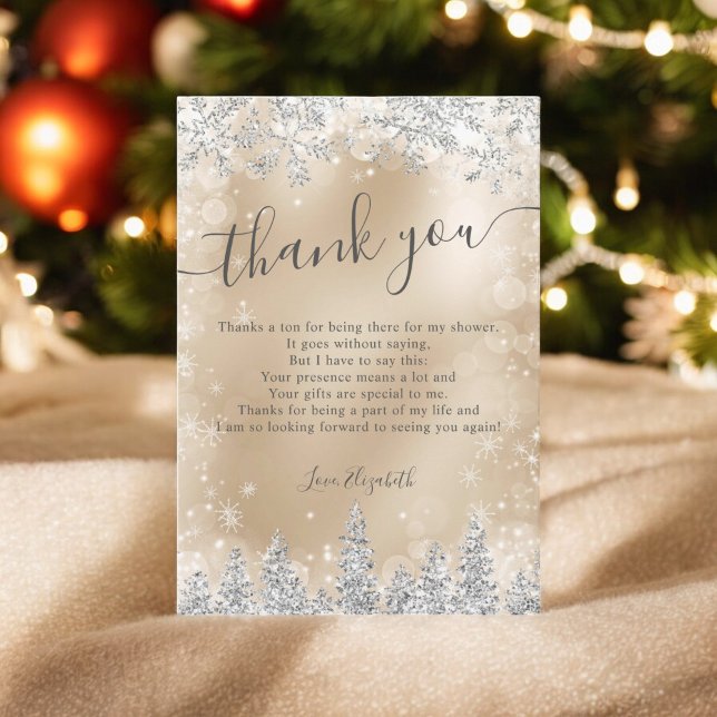 Carte De Remerciements Faire part de mariage hivernal en feuille d'or arg (Silver gold foil snow pine winter bridal shower thank you card)