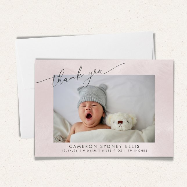 Carte De Remerciements Faire texture rose écriture bébé naissance deux ph (Créateur téléchargé)