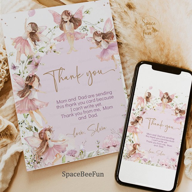 Carte De Remerciements Fairy Birday Party (fairy birthday invitation,thank you cards,garden boho birthday invite, pink fairy birthday invite, e)