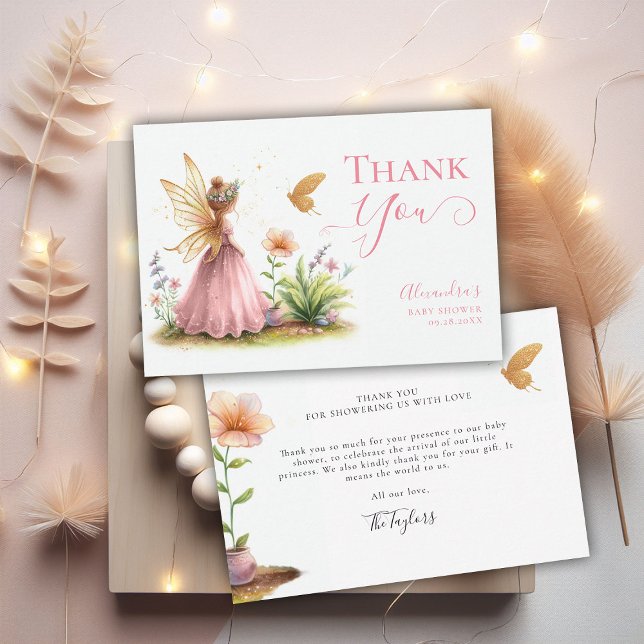 Carte De Remerciements Fairy Princess Enchanted Garden Baby Girl Douche (fairy princess baby girl shower thank you card pink elegant adorable watercolor enchanted garden)