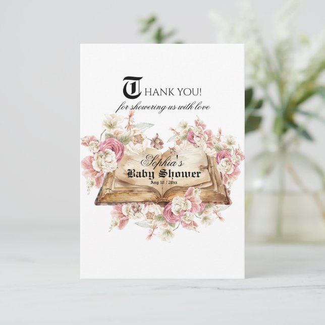 Carte De Remerciements Fairytale Book Pink Rose Baby Shower (Debout devant)