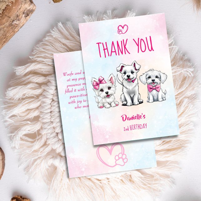 Carte De Remerciements Faisons pailty blanc rose pâle mignon chiots anniv (Let's pawty white pink cute puppies birthday thank you cards)