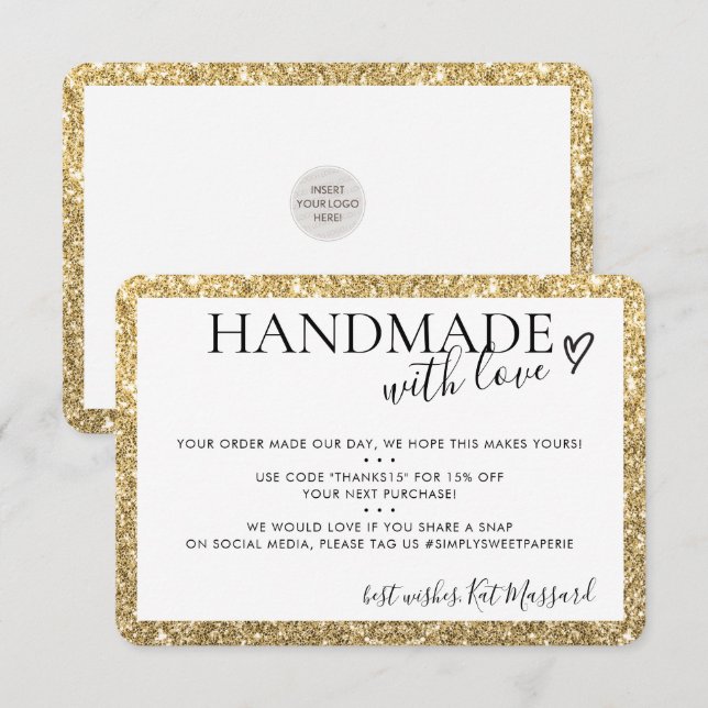 Carte De Remerciements FAIT À LA MAIN AVEC AMOUR parties scintillant mode (Devant / Derrière)