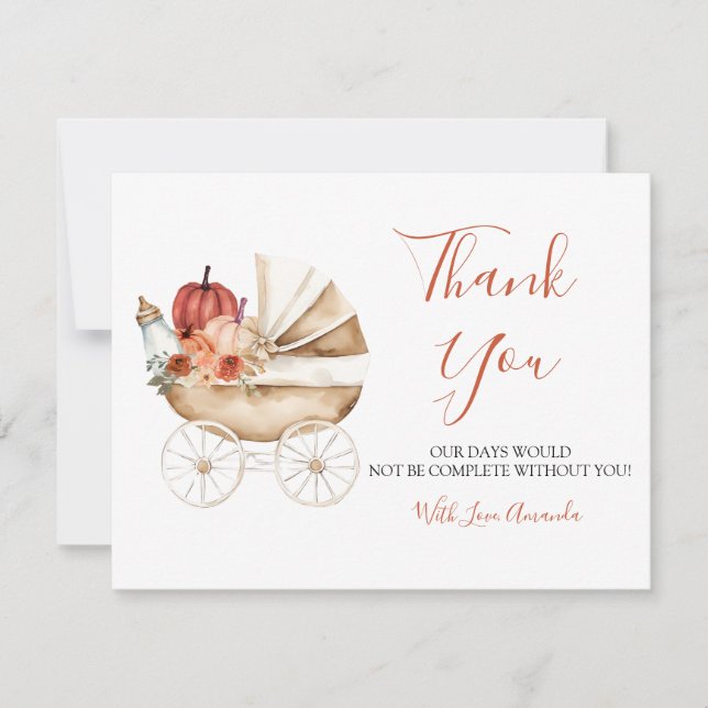 Carte De Remerciements Fall In Love Pumpkin Stroller Floral Baby Shower (Devant)