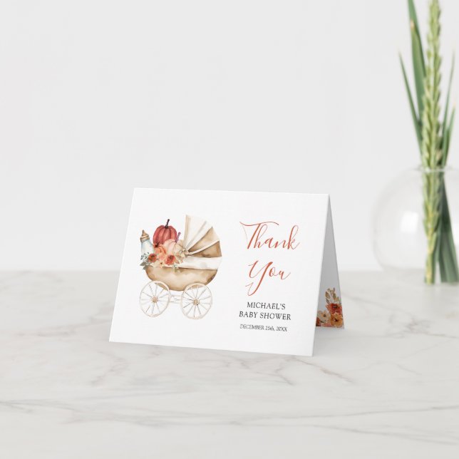 Carte De Remerciements Fall Pumpkin Stroller Floral Baby Shower Folded (Devant)