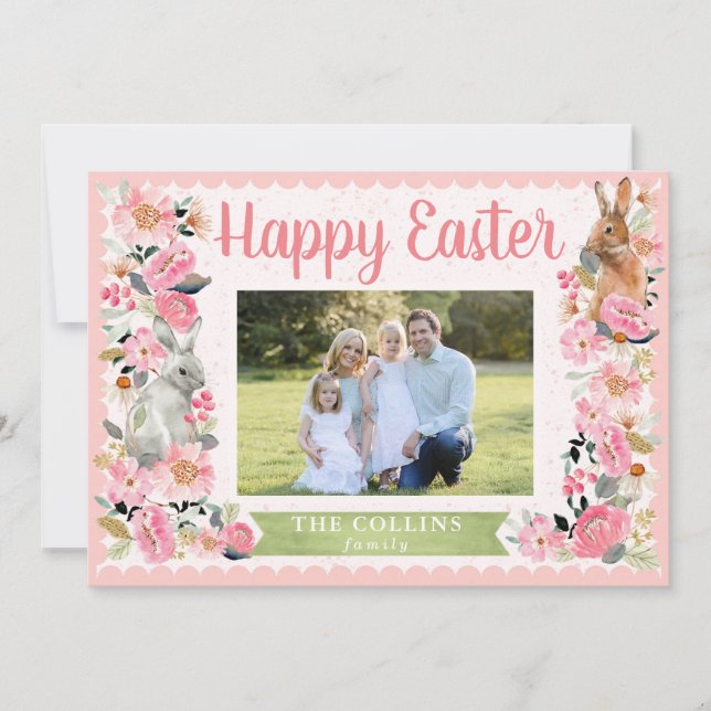 Carte De Remerciements Famille de photos de Pâques avec Bunny Floral Pink (Devant)