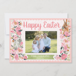Carte De Remerciements Famille de photos de Pâques avec Bunny Floral Pink