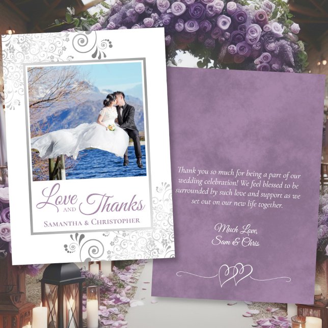 Carte De Remerciements Fancy Lavender Love & Thanks Photo & Note Mariage (Front/Back)
