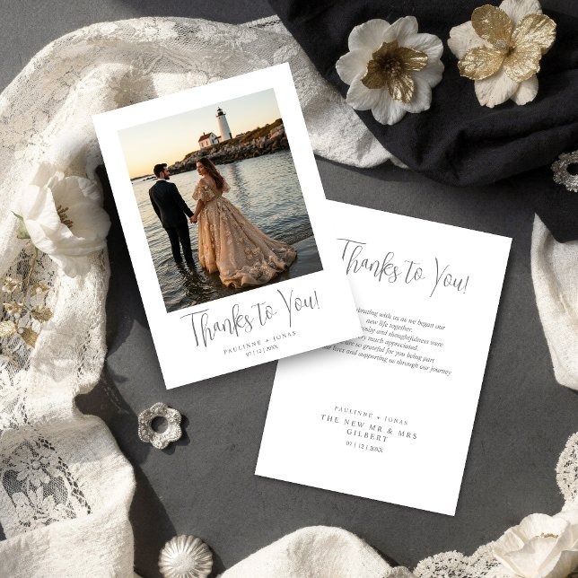 Carte De Remerciements Fancy Minimalist Simple Gray Calligraphy Wedding  (Elegant Minimalist Simple Gray Calligraphy Wedding Thank You Photo Card Design.)