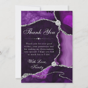 Carte De Remerciements Faux agate violet et argent Quinceanera pailletée