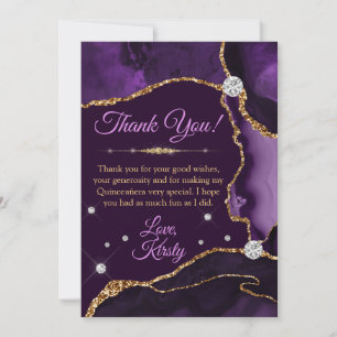 Carte De Remerciements Faux agate violet et or pour Quinceañera