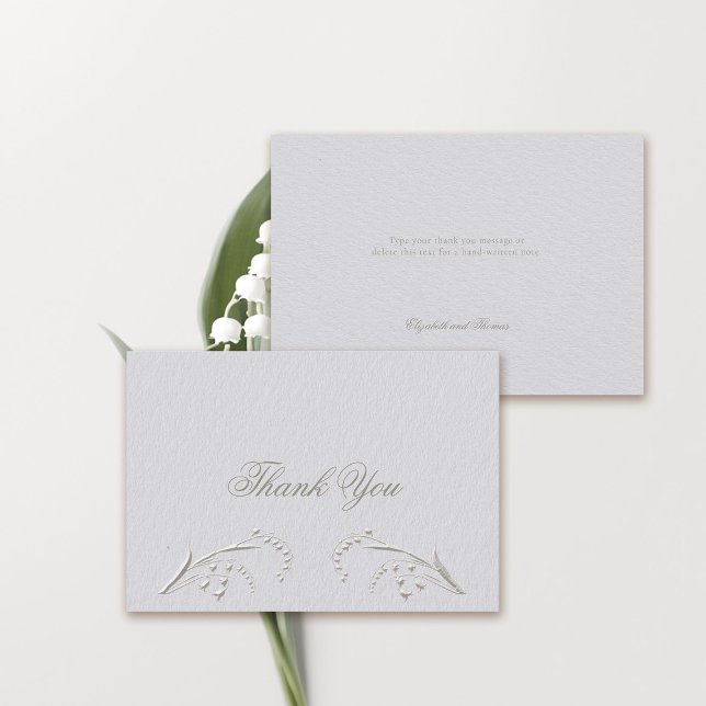 Carte De Remerciements Faux Embossé Lily Valley Couple Mariage officiel (formal wedding thank you card classic traditional faux embossed lily of the valley frame ivory white)