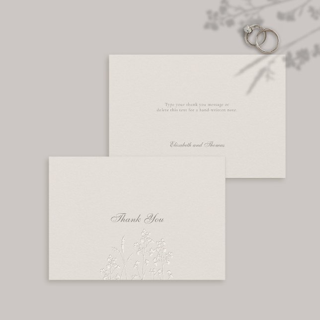 Carte De Remerciements Faux Fleurs sauvages Embossés Ecru Mariage formel (Formal Wedding Thank You Card Faux Embossed Wildflowers Calligraphy Modern Classic Ecru Couple Note)