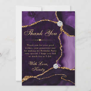 Carte De Remerciements Faux Pailleté Agate Violet et Or Anniversaire