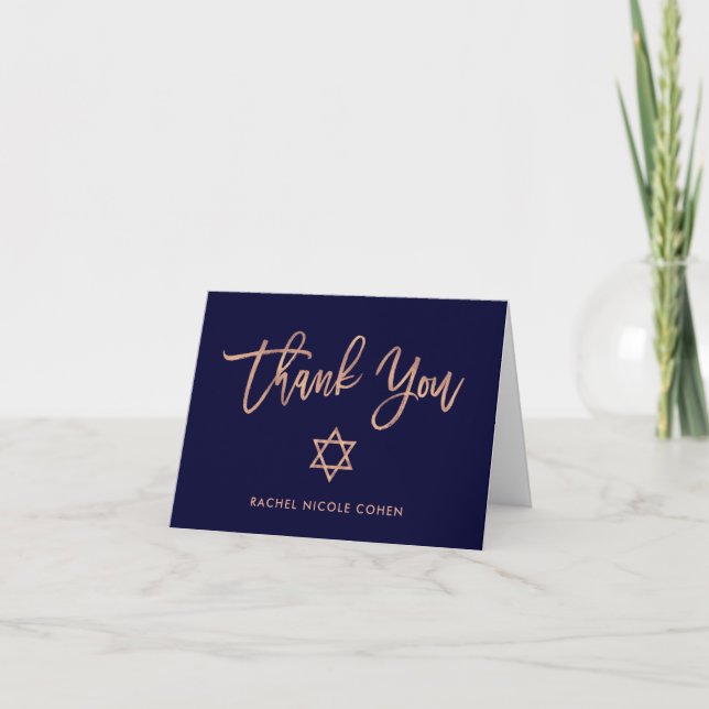 Carte De Remerciements Faux Rose Gold et Navy Blue | Bat mitzvah (Devant)